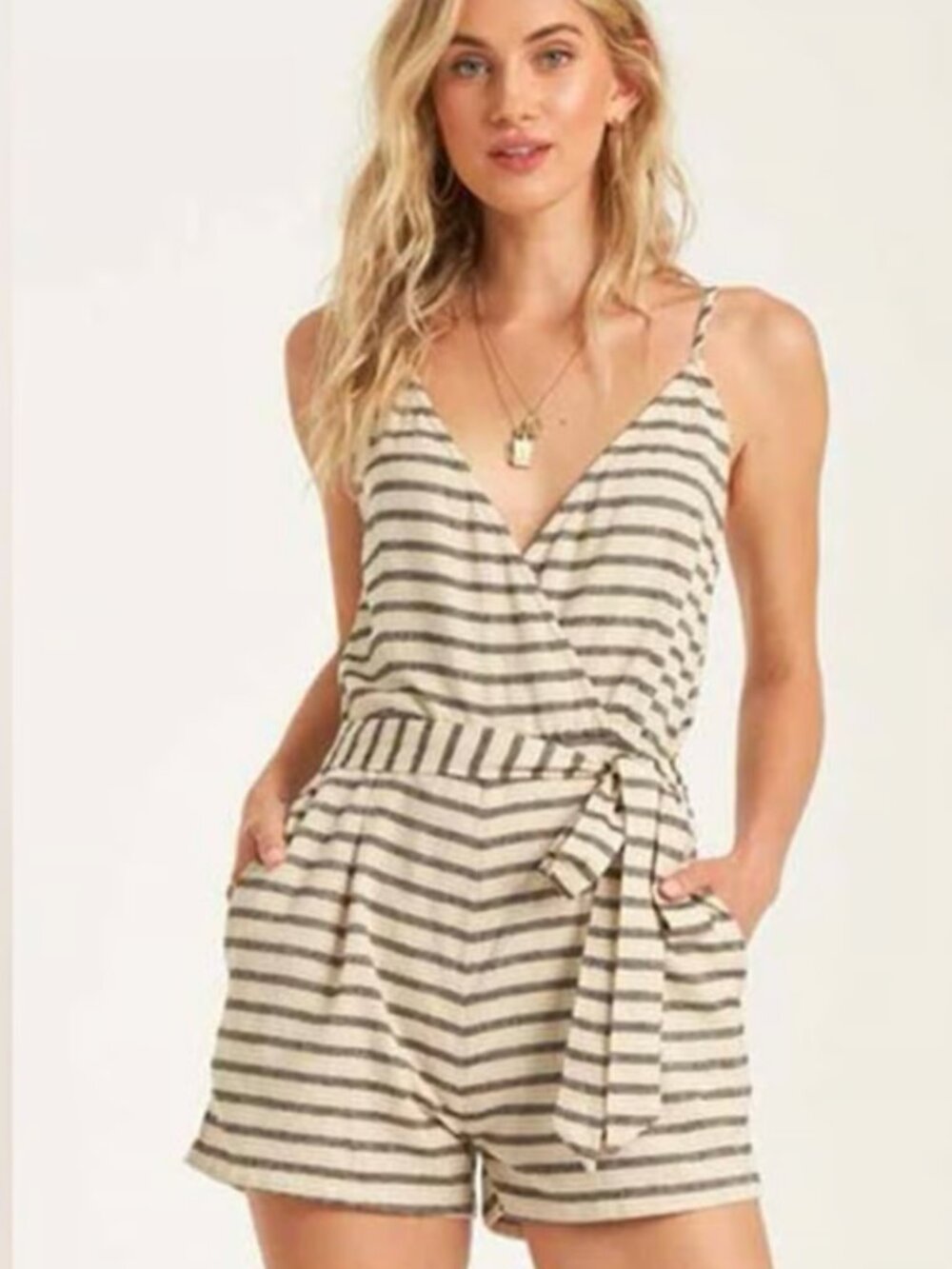 Billabong Linger On Stripe Cotton Blend Romper Medium